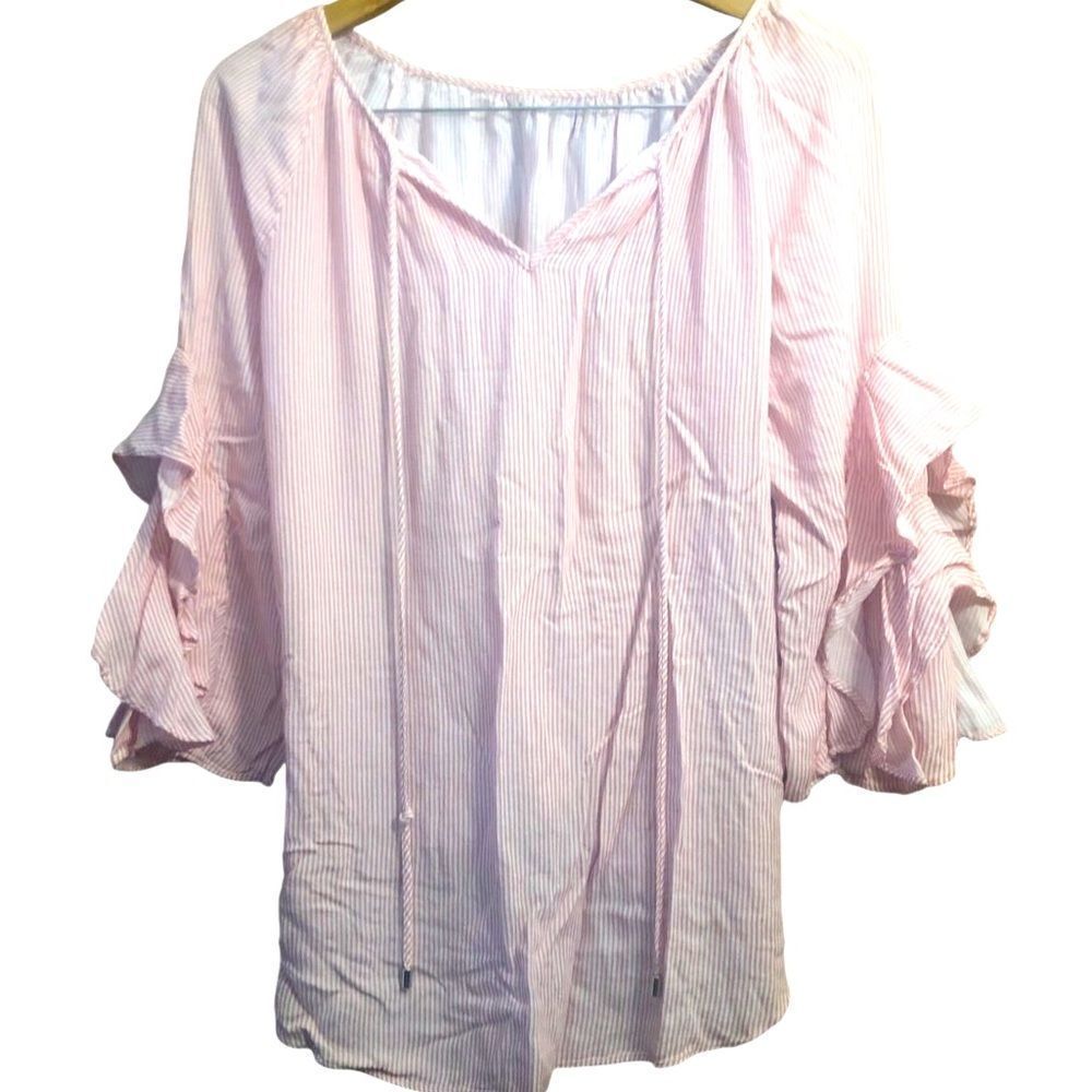 Cupio Blush 3/4 Sleeve With Ruffle White Pink Striped V Neck Blouse Viscose